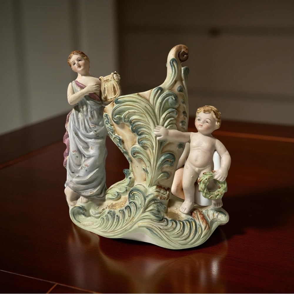 Vintage Shafford Hand-Painted Porcelain Figurine Planter – 7” Lyre Lady & Cherub